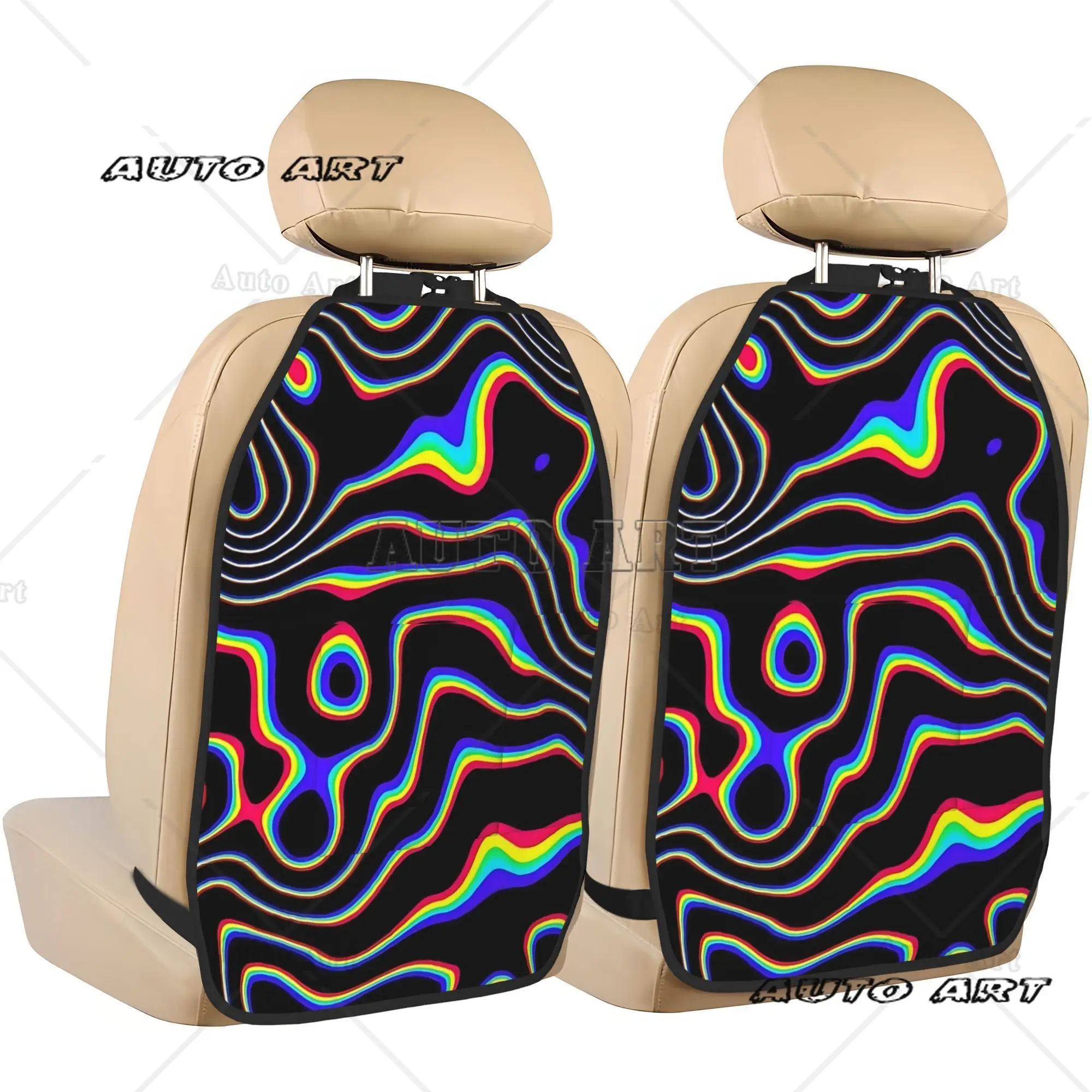 2pcs Psychedelic Wave Pattern Car Back Seat Organizer Large Kick Mats with Storage Pockets for Universal Fit for Most Vehicles