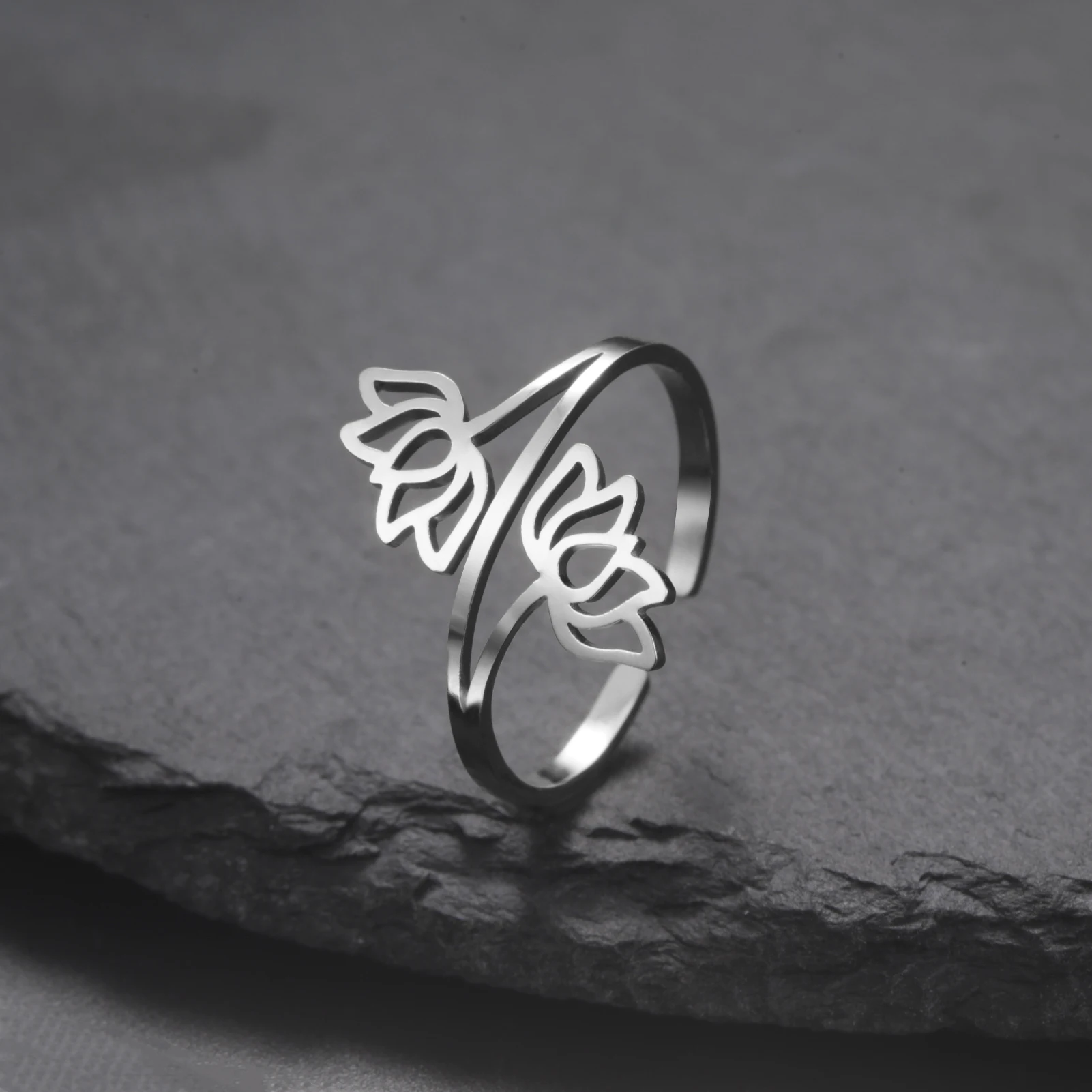 Fashionable Hollow Double Lotus Opening Ring Stainless Steel Irregular Minimalism Bohemian Lotus Eternal Ring Yoga Couple Gift