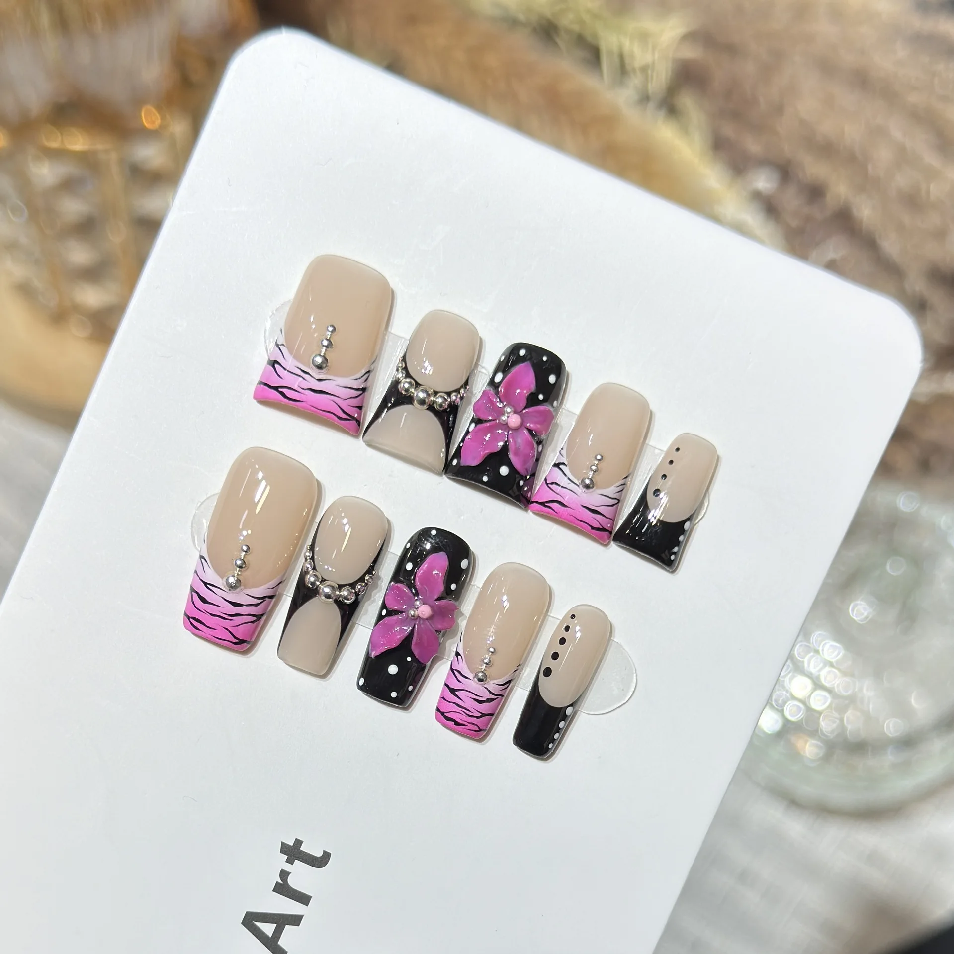 

10pcs Spicy Girl Handmade False Nails 3D Carving Devil Flower Metal Beads Press On Nails Black Purple French Duckbill Fake Nail