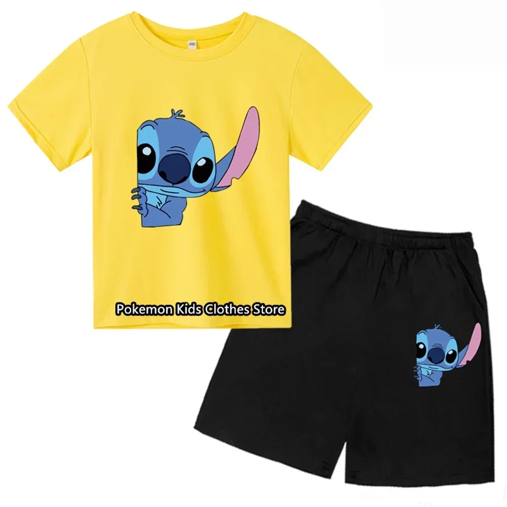 Summer Fashion Cute Stitch Children\'s Baby Two-piece T-shirt Set Boy Round Neck Casual Short Sleeve Girl Short Sleeve Shorts