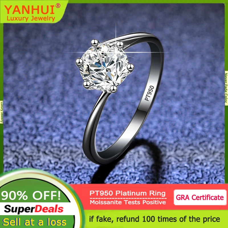 

YANHUI 100% Real Moissanite Engagement Rings Luxury PT950 Platinum 1 Carat Diamond Wedding Rings Classic Simple 6 Prong Ring