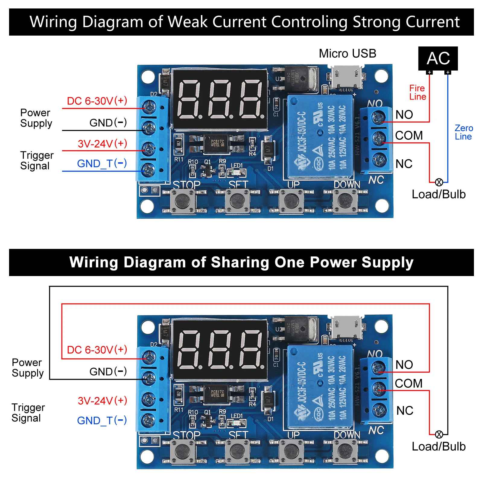 Picture 5: DC 6-30V Timer Relay Programmable Delay Relay Module Cycle Timer with LED Display 6V 9V 12V 24V Micro USB Smart Home Controller
