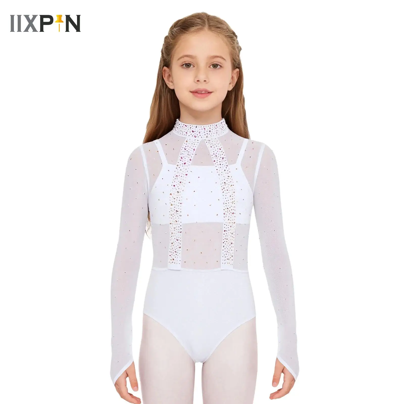 

Kids Girls Acrobatics Figure Skating Rhythmic Gymnastics Leotard with Camisole Shiny Rhinestones Sheer Mesh Bodysuit Costume