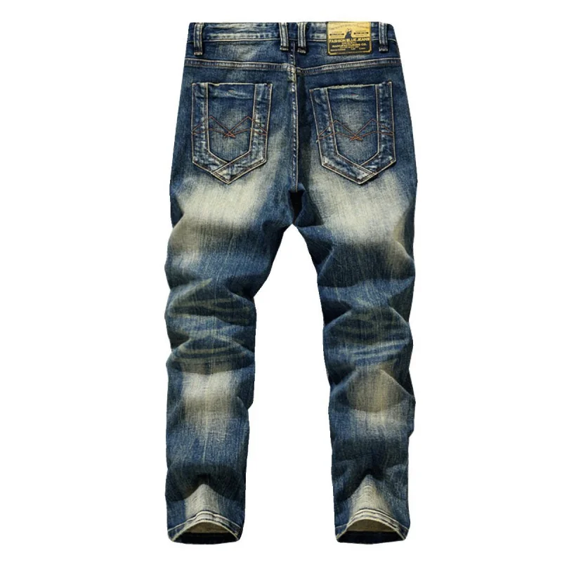 

Fashionable and nostalgic jeans for men, stretchy and slim fit with small feet, retro distressed and patched denim pants