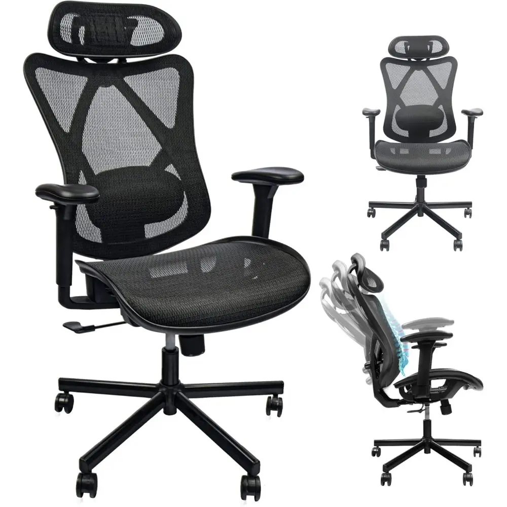 Mesh Office Chair: Ergonomic High Back with Adjustable Lumbar, Armrest, Headrest, Tilt & Mute Wheels for Office/Home/Gaming