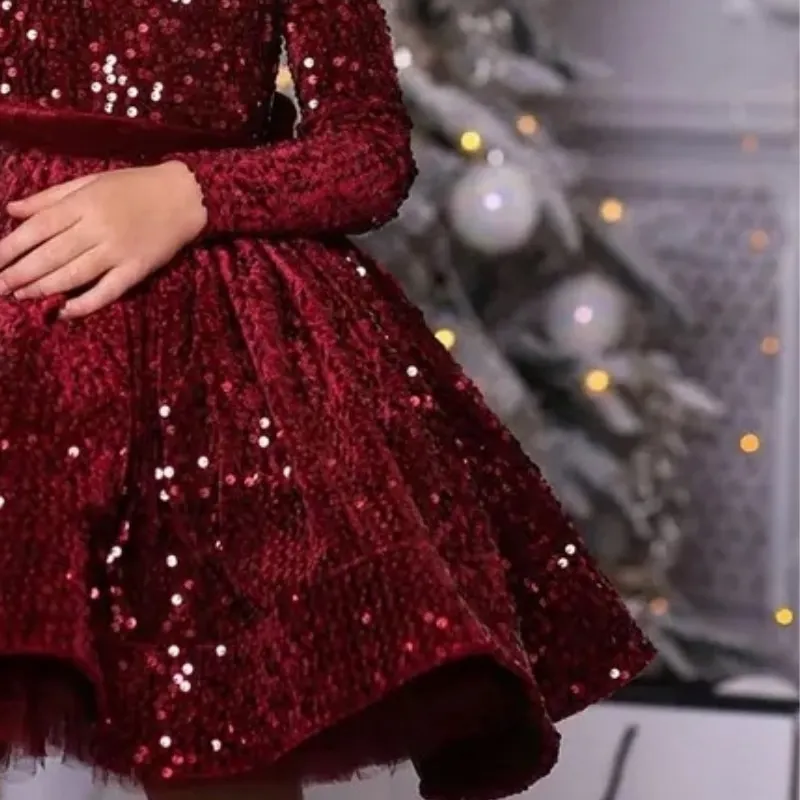 Baby Girl Princess Christmas Sequin Dress Long Sleeve Infant Toddler Child Bow Vintage Winter Evening Gown Baby Clothes 12M-12Y