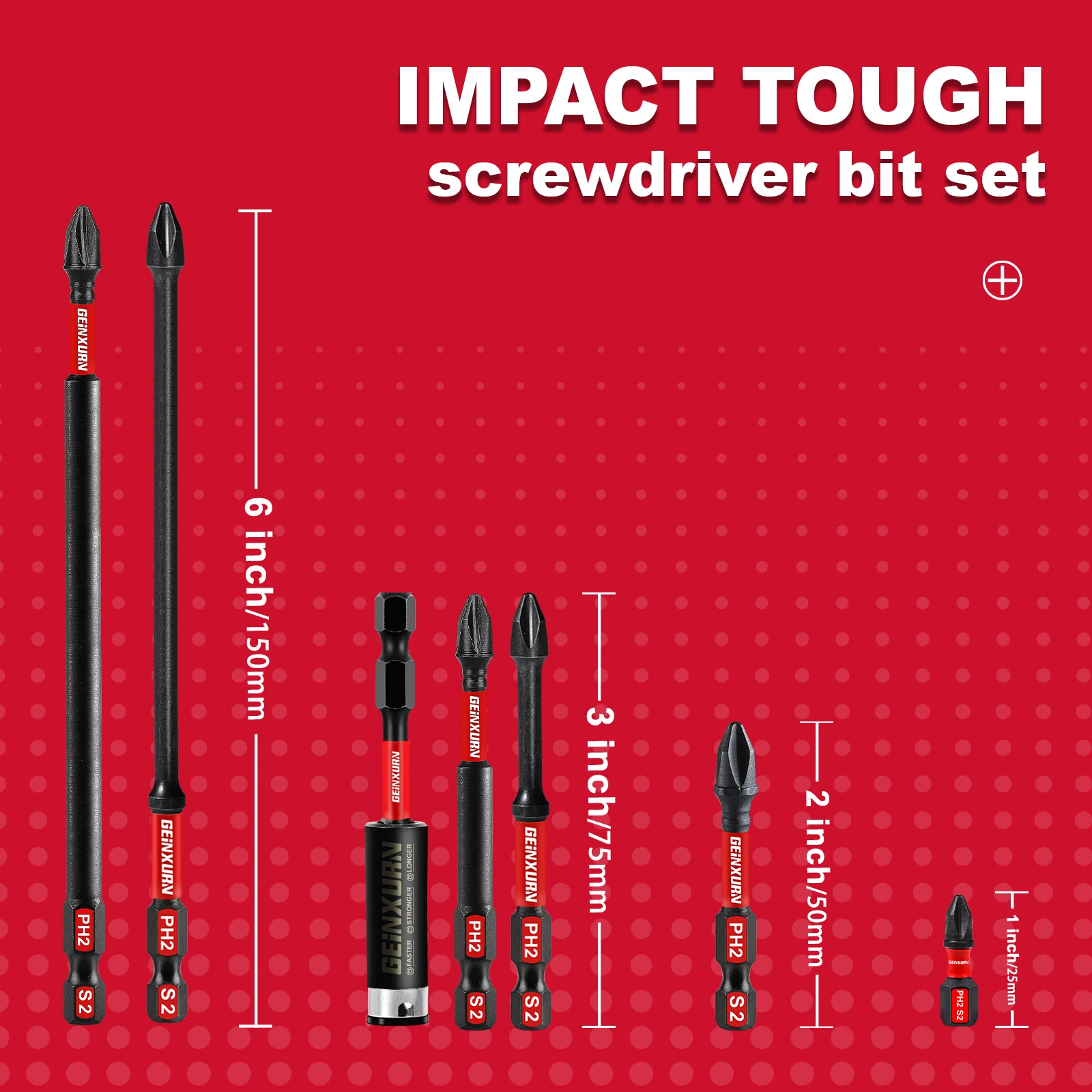 Geinxurn1 Inches/2 Inches/ 3 Inchs/6 Inches Impact Magnetic #2 Phillips Screwdriver Bit Set with Storage Organizer