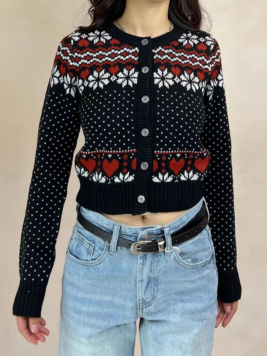 

Жаккардовый свитер с геометрическим рисунком, кардиган, женский тонкий укороченный топ с круглым вырезом и длинными рукавами, женский повседневный винтажный милый свитер, осеннее новое пальто