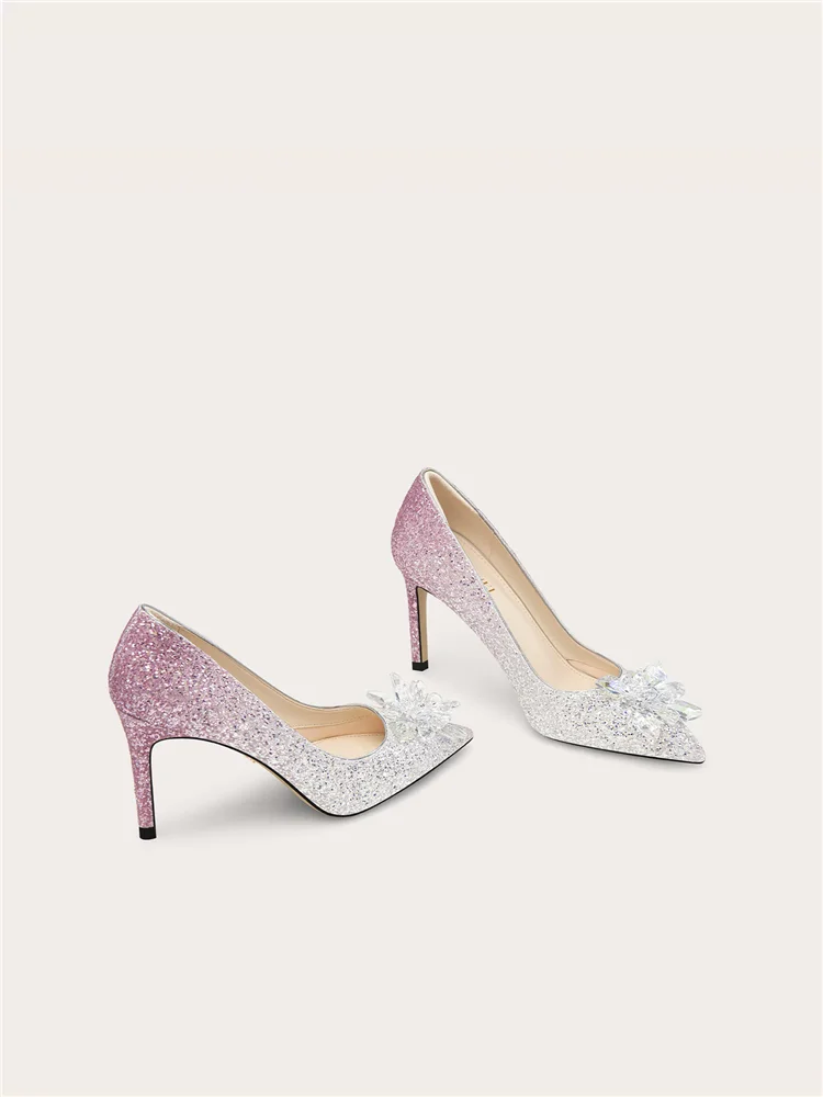 Spring pointed color blocked sequin crystal wedding shoes banquet large size small size widened high heels women's shoes