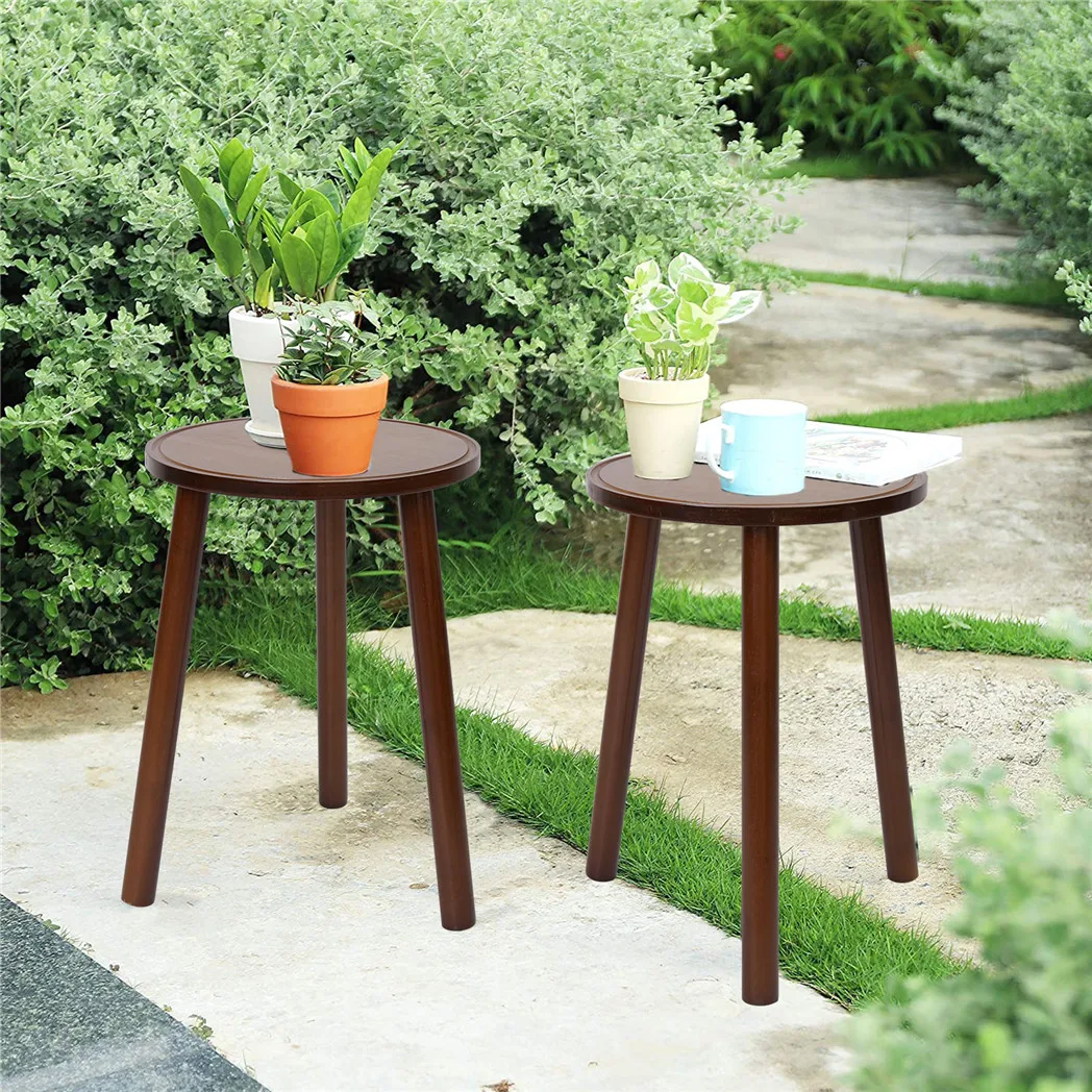 Small Round End Table Wood Plant Stand, Flower Pots Holder, 3-Legs Stool, Furniture for Home, 2Pcs