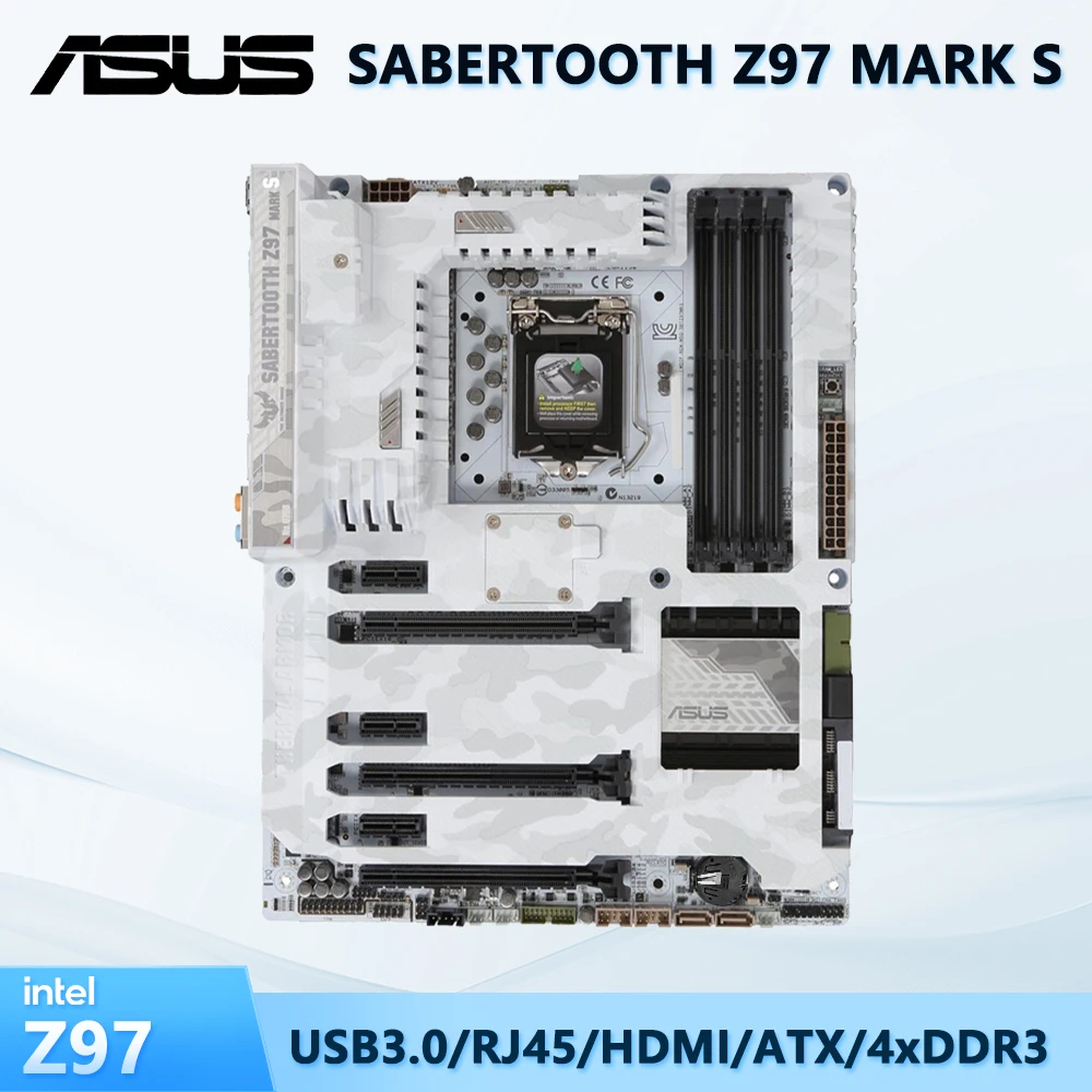 ASUS Motherboard White Intel Z97 Chipset SABERTOOTH Z97 MARK S With LGA 1150 Socket for 4th Gen Core i3 i5 i7 Processors 4 DDR 3