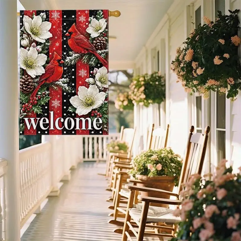 Welcome Garden Flag 12x18 Inch, Cardinal Bird Snowflake Floral Design Polyester Double Sided Flag, Winter Christmas Rustic O llp