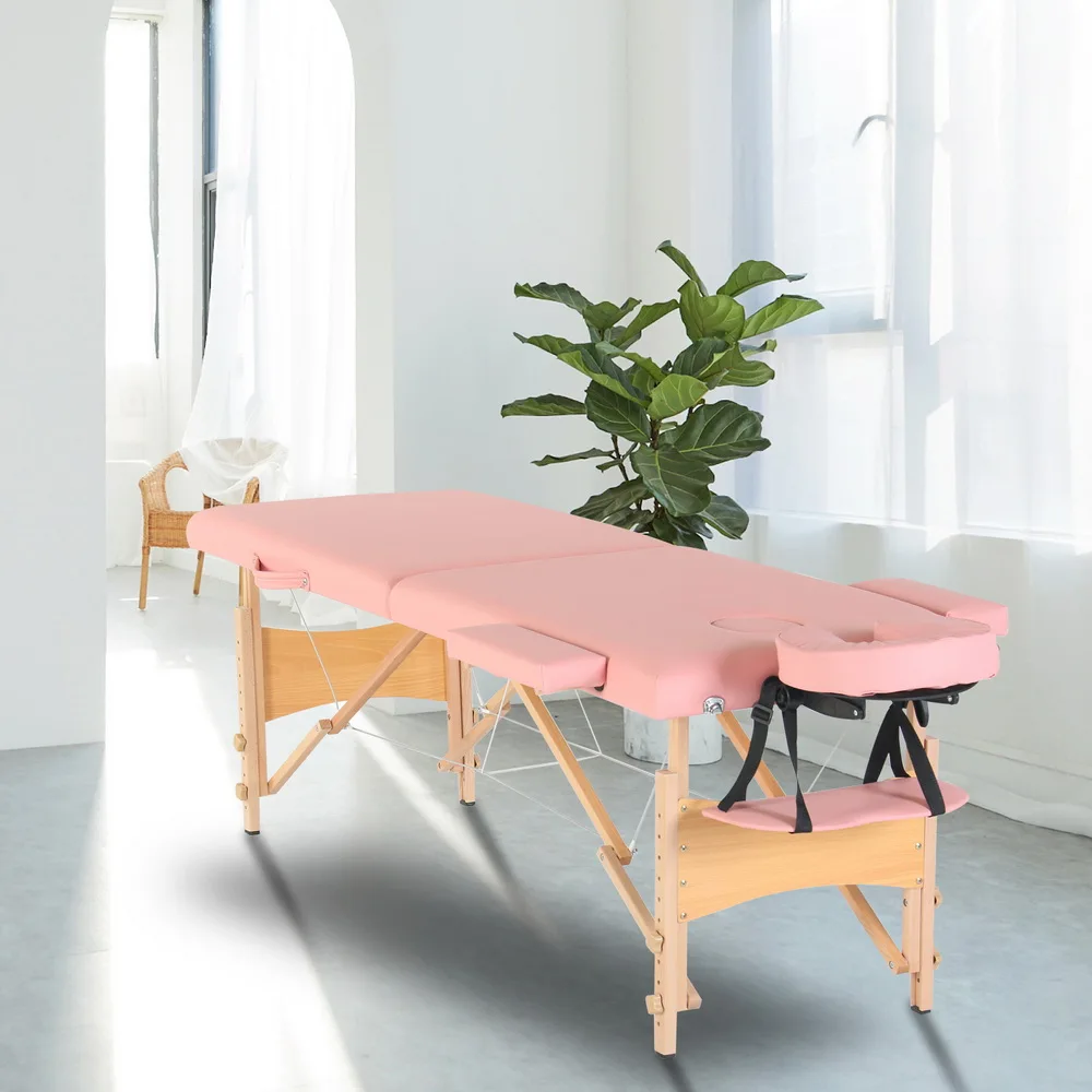 Mesa de masaje de belleza, cama de 2 secciones, pierna de haya plegable, 186x60x60CM, altura ajustable, versátil, portátil, rosa/blanco [US-Stock]