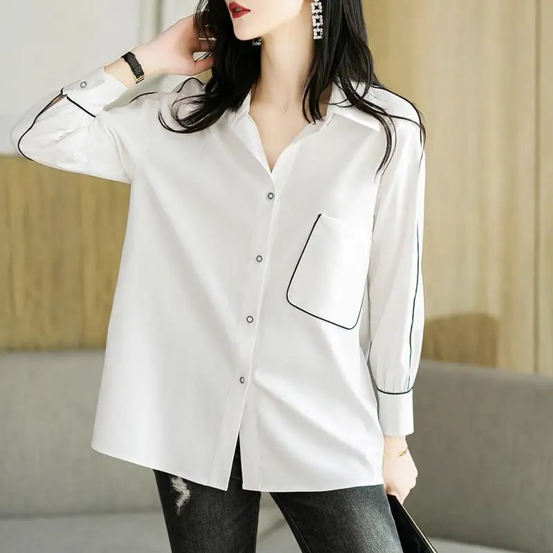 Solid Color Fashion Casual Women's Clothing 2023 Spring New Long Sleeve Tops Women Elegant Single Breasted High-grade White Shir