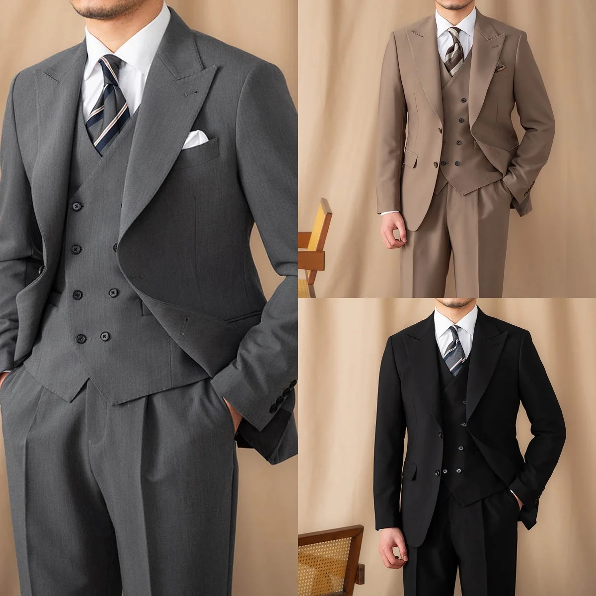 

Formal Wedding Tuxedos 3 Piece Set Jacket Vest Pants Peaked Lapel Men Suit Business Single Breasted Party Suits Customized