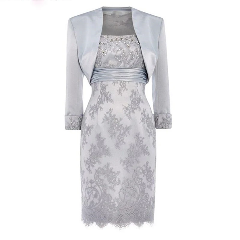 

With Jacket Mother Of The Bride Dress Short Knee Length Silver Navy Blue Beaded Lace Satin Formal Party Gown Wedding Guest Gown