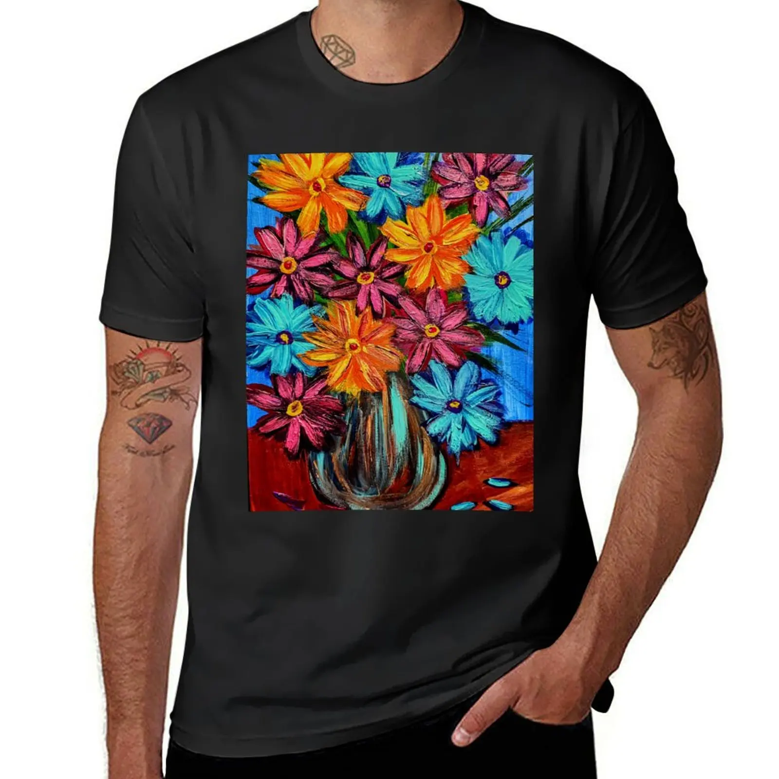 boutique of abstract vibrant bright colorful flowers in round bowl vase T-Shirt shirts graphic tees workout shirts for men