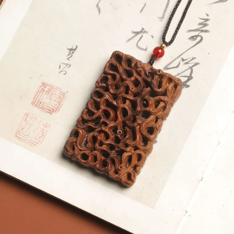 Thunder-Struck Jujube Wood Double-Sided Carved “Extending in all directions” Peace Amulet Pendant Necklace Lucky Charm Gift
