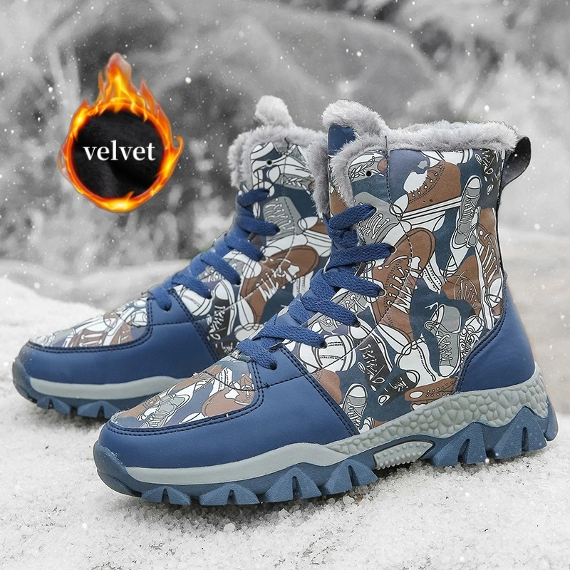 

Fashion Graffiti Children's Hiking Boots Winter Velvet Non-slip Claw Kids Snow Boots Outdoor Warm High Top Cotton Shoes For Boys