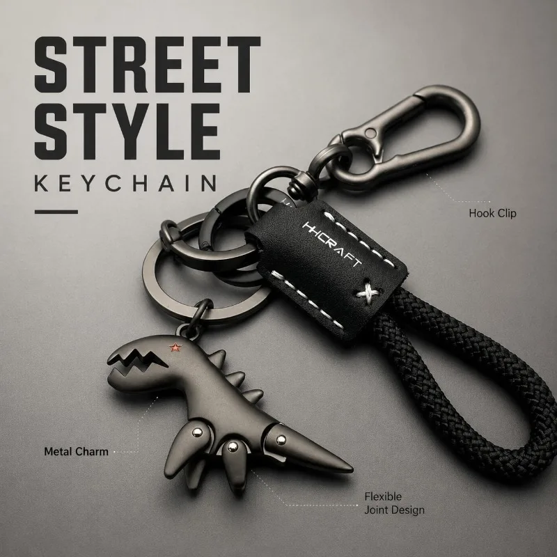 1/3/5PCS Cool Dinosaur Key Ring Movable Metal Charm Braided Rope Car Key Holder Hook Clip Streetwear Keychain Gift for Men Boys