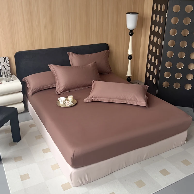 Chocolate Color Cotton Fitted Sheet Simple Solid Color Bed Sheets 3pcs Bedding Sheet Women Men Bedroom Sheet with 2 Pillowcases