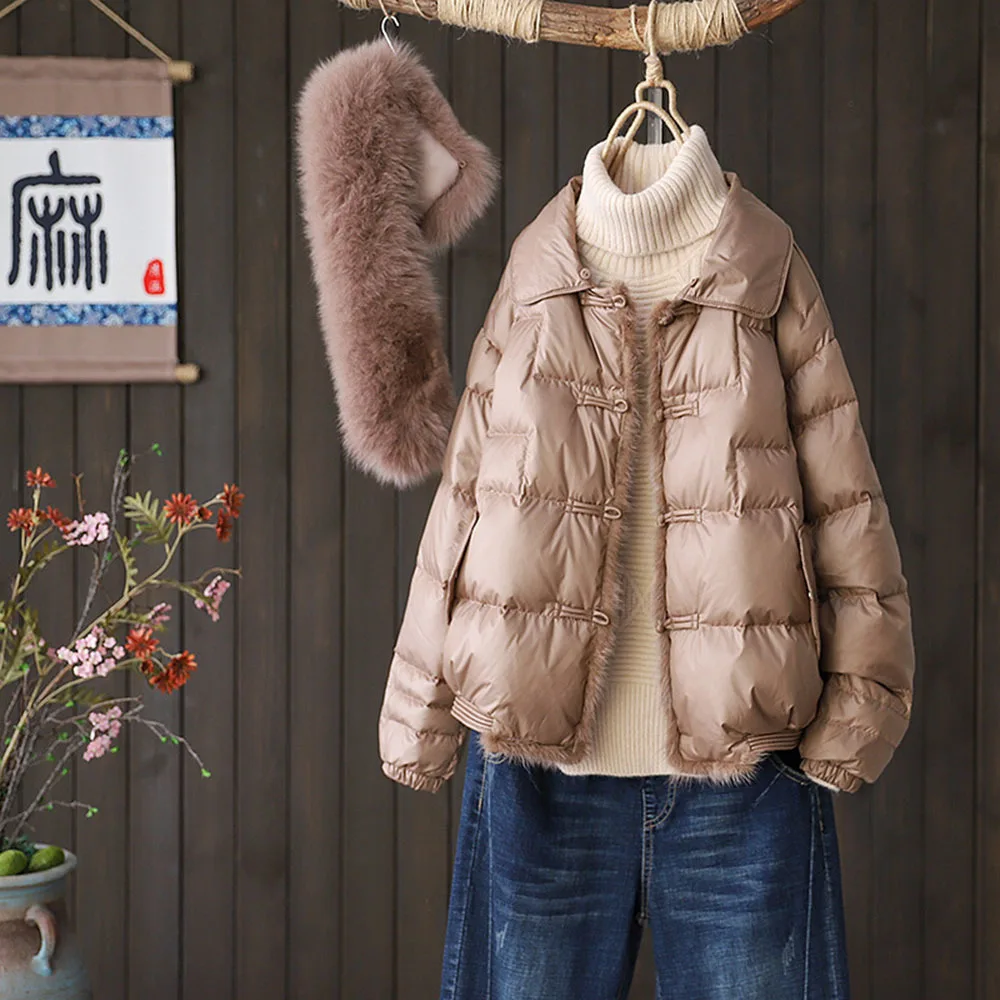 

Winter Real Fox Fur Collar Down Jacket Women 90% Duck Down Jacket Vintage Button Female Snow Thick Warm Irregular Outwear