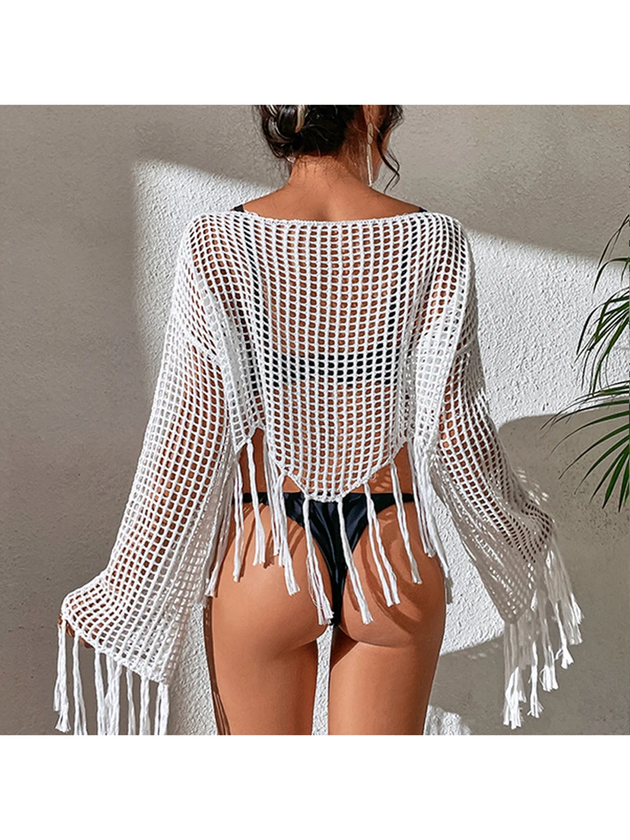 Women Casual Beachwear Cover-Up Solid Color Flared Long Sleeve Hollow-Out Tassel Tops