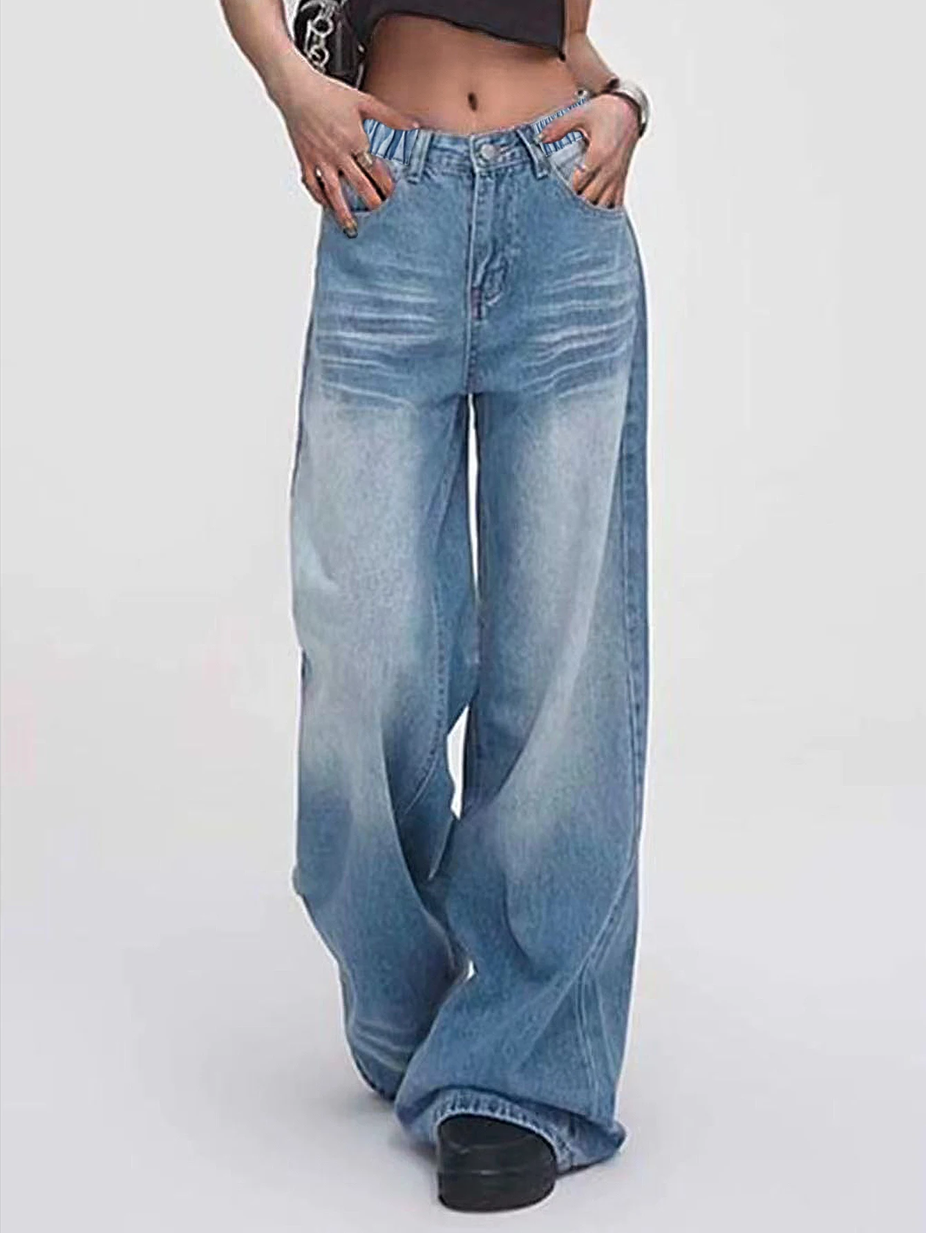 

Vintage-washed blue slim-fit wide-leg straight-leg jeans for teenage girls – loose, casual, long-st