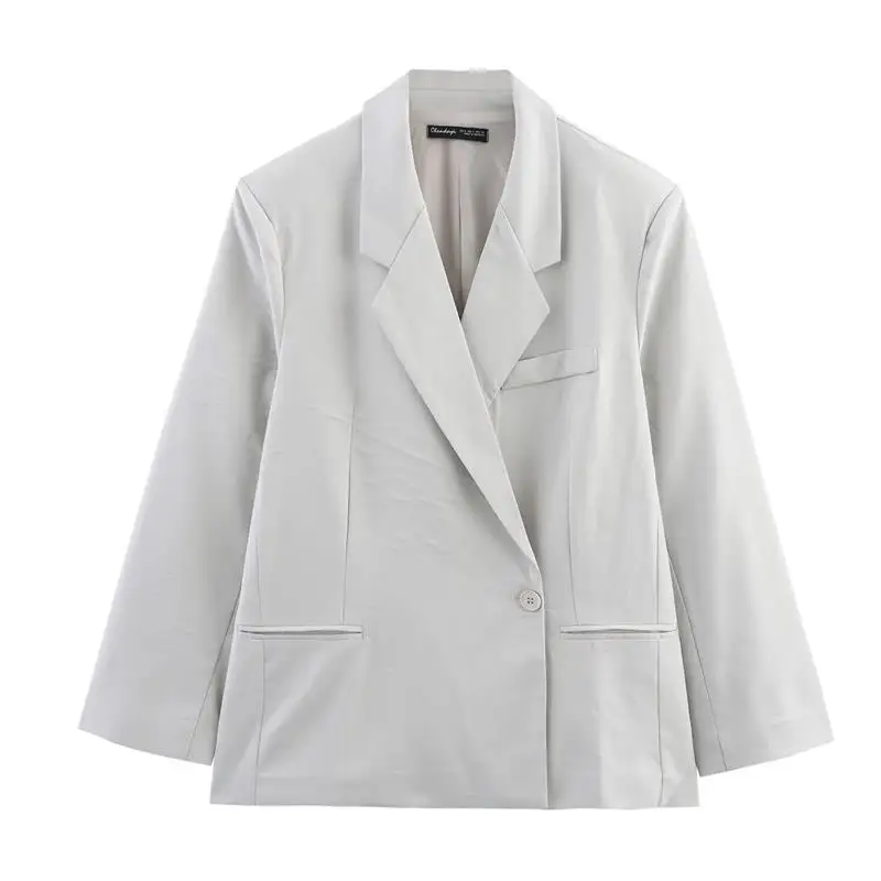 ชุดสูทสีพื้นสำหรับผู้หญิง ฤดูใบไม้ผลิ/ฤดูร้อน เสื้อแจ็คเก็ตและกางเกงจีบสองชั้น สไตล์ลำลองแบบยุโรป ผ้า PVC เอวกลาง-ต่ำ