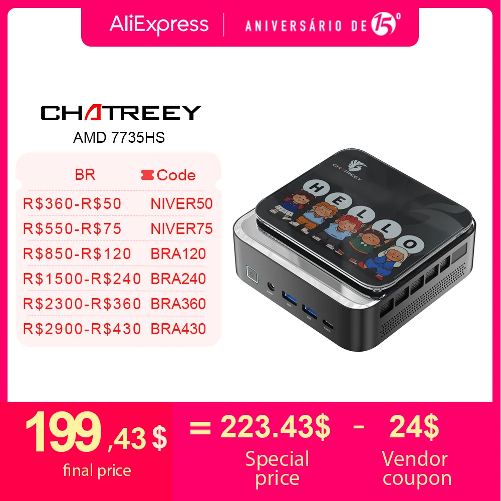 Chatreey AN3P Mini PC R7 7735HS 680M คอมพิวเตอร์เดสก์ท็อปสําหรับเล่นเกมพร้อม WiFi 6/บลูทูธ 5.2/ HDMI/DP/USB 3.2