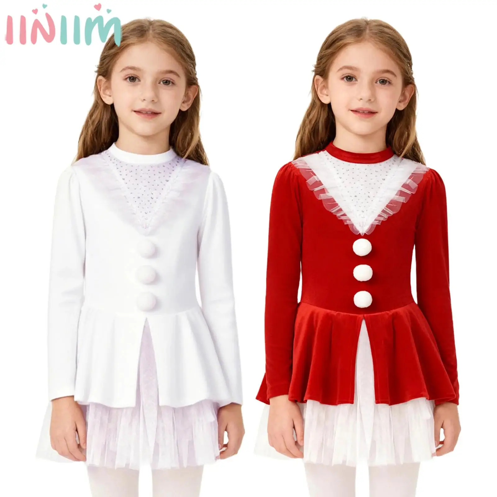

Kids Girls Christmas Party Dress Xmas Figure Skating Dance Leotard Tutu Long Sleeve Rhinestones Velvet Mesh Santa Claus Dresses