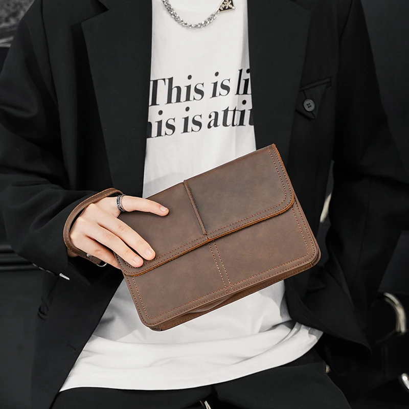 2024 New Fashion Men\'s Handbag Retro Men\'s Bag Large  Clutch Handbag Envelope Crazy Horse PU Soft Leather Casual Clip Bag