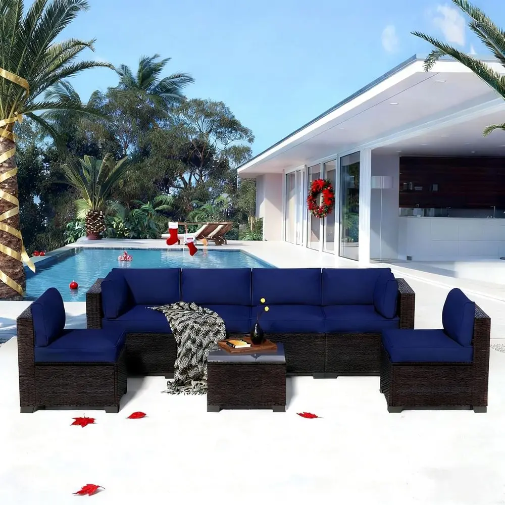 

7-местный всепогодный садовый комплект с металлическим каркасом, идеально подходит для патио, сада или зоны у бассейна, в коричневом и темно-синем цветах