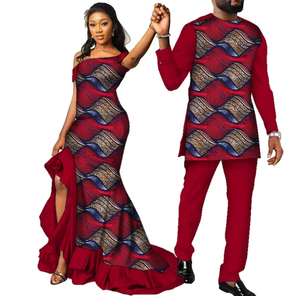 Fashion Couple Clothes African Ankara Print Women Maxi Long Dresses and Men Dashiki Suit African Clothes Lovers Outfit WYQ567