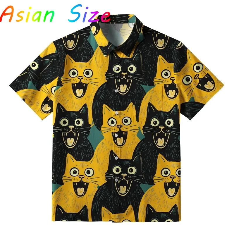 

Забавная винтажная гавайская рубашка в японском стиле с котом для мужчин, мужские гавайские повседневные рубашки на пуговицах с коротким рукавом Camisa
