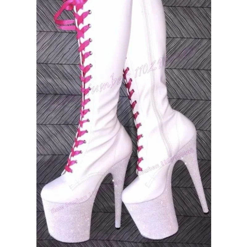 

White Spike Heels Platform Boots Cross Tied Round Toe Shoes for Women Patent Leather Knee High Shoes 2023 Zapatos Para Mujere