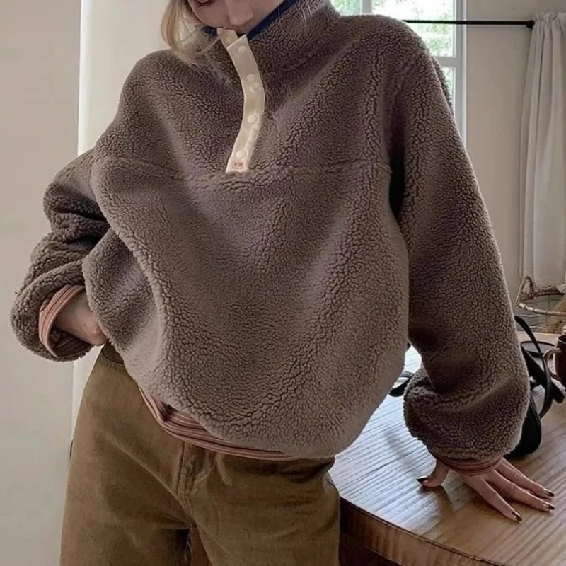 Jaket Sweatshirt Kerah Vintage Musim Gugur dan Musim Dingin 2025 untuk Wanita Lengan Panjang dengan Beludru Tebal dan Atasan Longgar