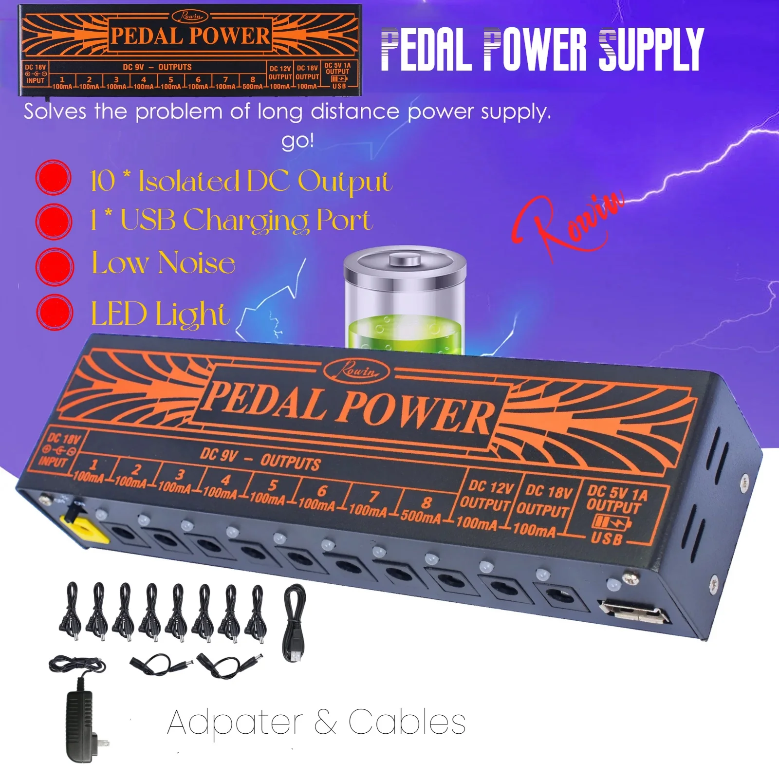 Rowin Guitar Pedal Power Supply 10 Isolated DC Output 9V 12V 18V Source Effector Power Supply 1 USB Charging Port Metal Shell