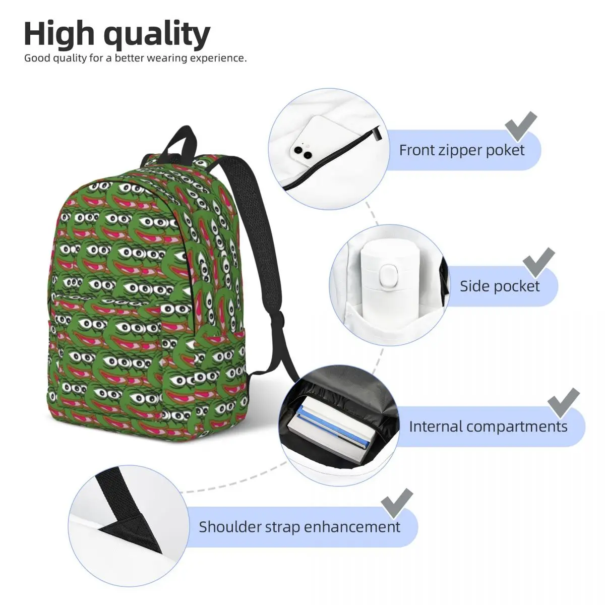 Pepe The Frog Apu Apustaja Teenage Backpack Outdoor Student Hiking Travel Cute Anime Daypack for Men Women Laptop Shoulder Bag