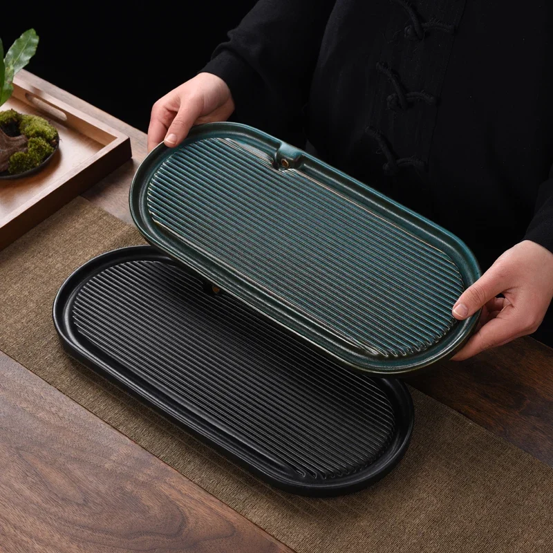 Ceramic tea tray Small household tray Kung Fu tea set Japanese retro rectangular water storage and drainage tea tray