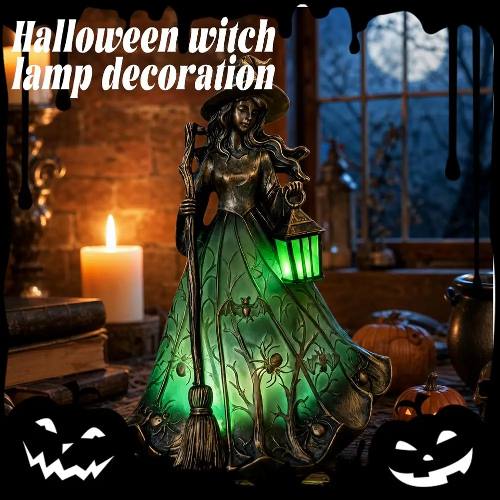 Halloween Retro Witch Statue Lamp with Lantern USB Power Supply Dual Color Glowing Tabletop Halloween Home Decoration