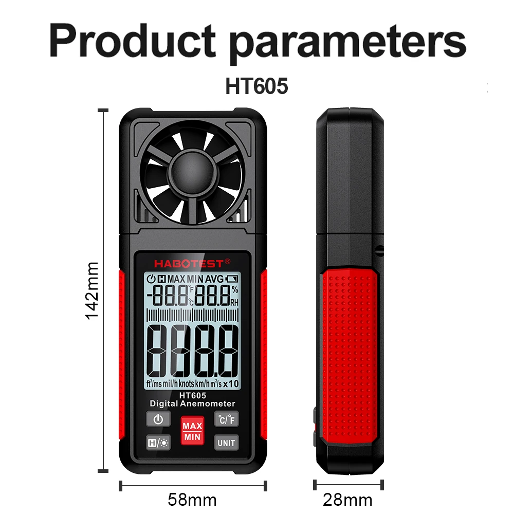 HT605 Digital Anemometer Handheld Wind Speed Meter for Measuring Wind Speed, Temperature and Wind Chill with Backlight LCD