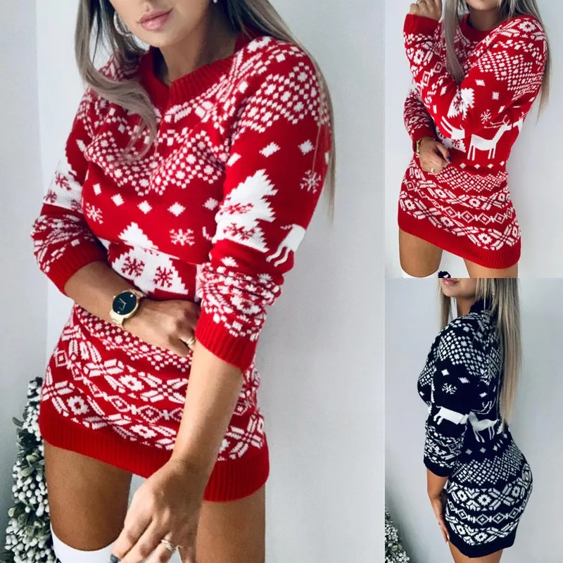 Autumn and Winter New Knit Sweater Holiday Party Christmas Theme Knit Long Sleeve Dresses