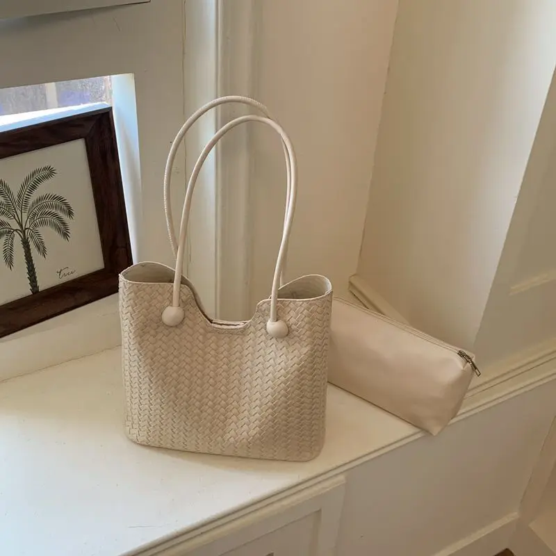 White Sliver Black Blue Pink Yellow Woven Straw Tote Bag Large Capacity Beige Shoulder PU Leather Casual Underarm Handbag Women