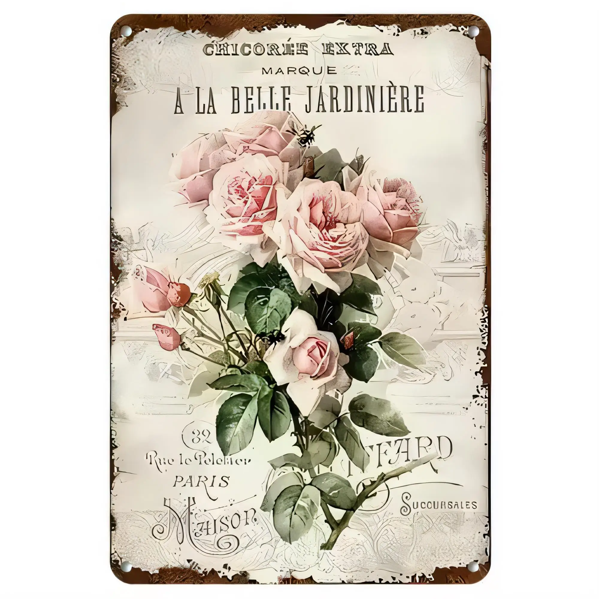 Tin Sign Vintage French Rose Garden Wall Decor Metal Plaque Chic Ornate Shabby Chic Typography Cottagecore Farmhouse Poster for