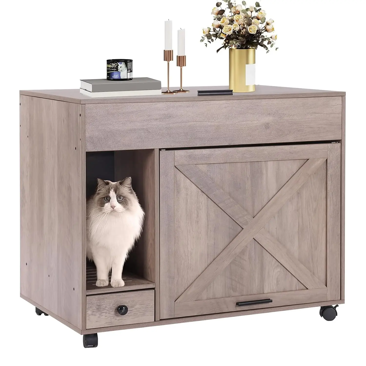 Cat Litter Box Enclosure Cabinet,Flip Top Hidden Litter Box Furniture,Indoor Wooden Covered Cat House with Drawer,Wheels