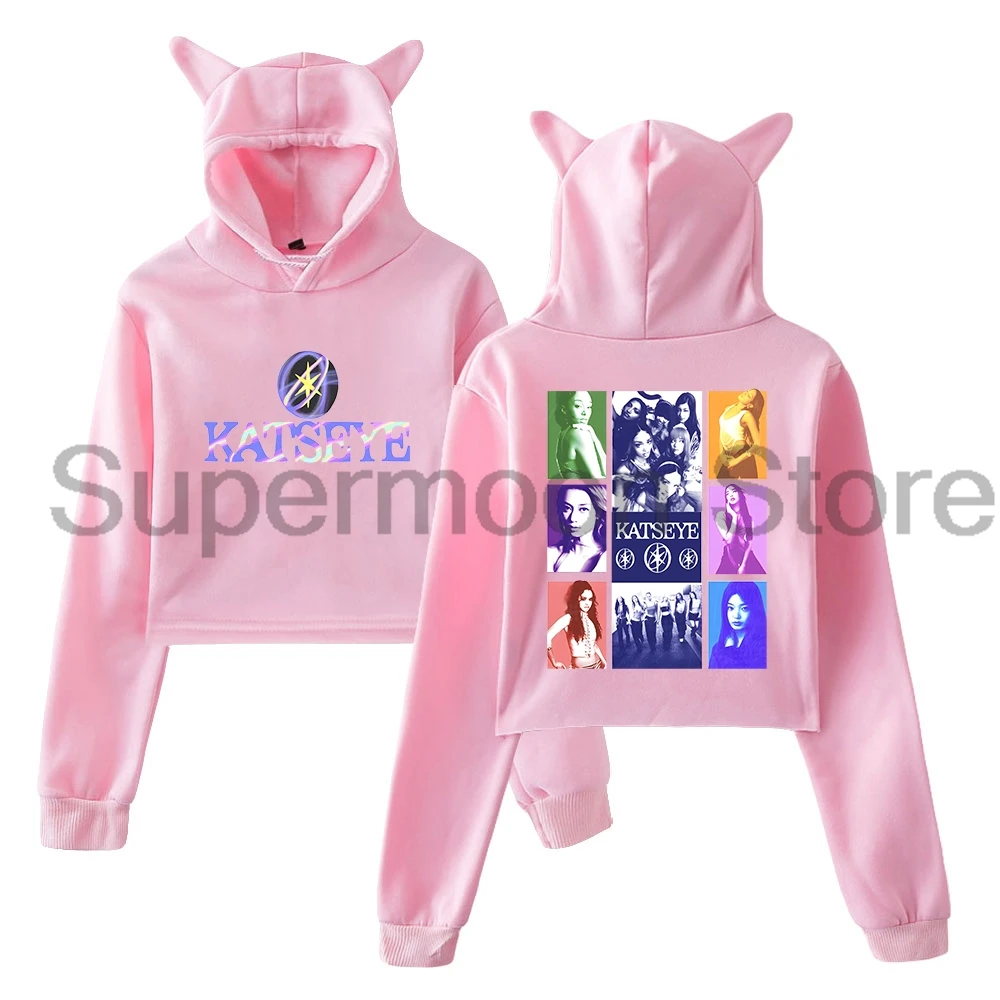 Kpop Katseye Merch Hoodie 2025 Beautiful Chaos Tour Cat Ears Hooded Sweatshirt Long Sleeve Crop Top Women's Clothes