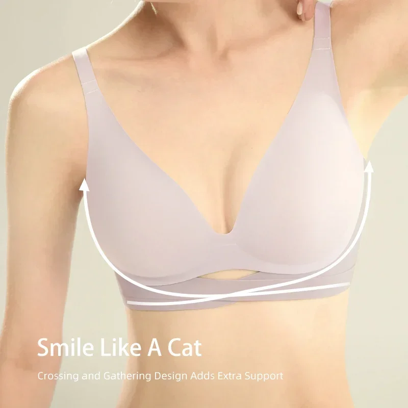 SUJIIN Sexy Seamless Bra for Women Soft Support Fixed Cup Plunge Push Up Bras Cat Mouth Cross-folding Female Underwear MX102G2