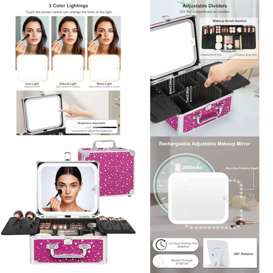 

Makeup Bag with LED Mirror, Makeup Box Travel Train Case with Rechargeable Lighted Mirror, Cosmetic Brush Organizer Storage for