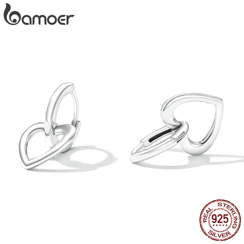 Bamoer Authentic 925 Sterling Silver Simple Love Ear Buckles for Girl Sterling Silver Heart Earrings Women Fine Jewelry Gift image 3